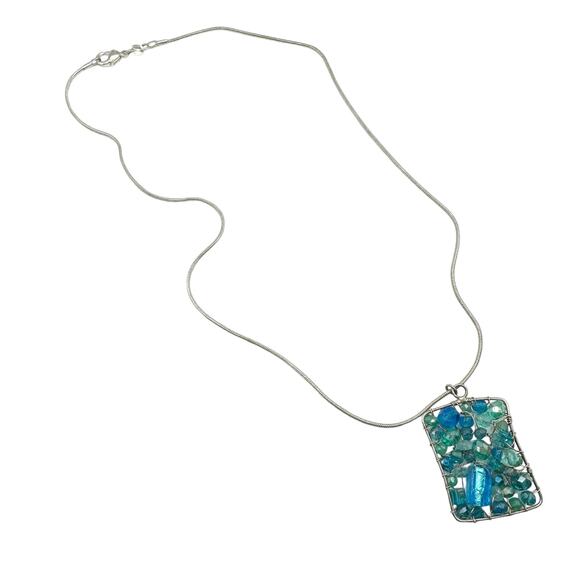 Wire Wrapped Blue Beaded Recatngle Pendant 18" 925 Silver Chain Necklace